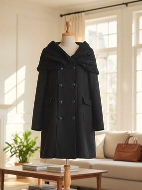 2Xpose Black Wool Blend Double Breasted Peacoat Women’s XL‎ Knit Cowl Neck